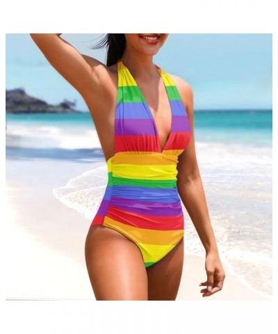 Swimsuits for Women One Piece Tummy Control V-Neck Halter High Cut Bathing Suits Vacation Swimwear Rainbow Striped $15.19 Swi...