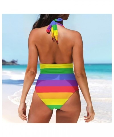 Swimsuits for Women One Piece Tummy Control V-Neck Halter High Cut Bathing Suits Vacation Swimwear Rainbow Striped $15.19 Swi...