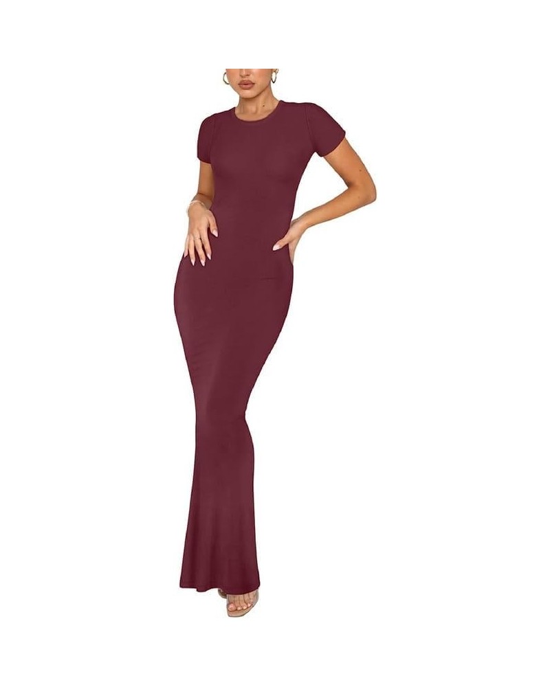 Womens Y2k Short Sleeve Lounge Long Dress Elegant Slim fit Crew Neck Bodycon Maxi Dress Streetwear B- Wine Red $13.33 Dresses