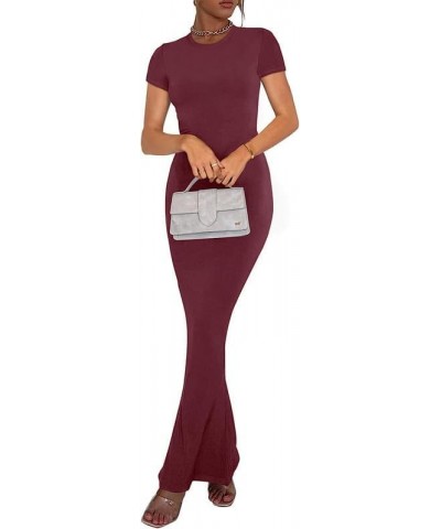 Womens Y2k Short Sleeve Lounge Long Dress Elegant Slim fit Crew Neck Bodycon Maxi Dress Streetwear B- Wine Red $13.33 Dresses