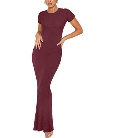 Womens Y2k Short Sleeve Lounge Long Dress Elegant Slim fit Crew Neck Bodycon Maxi Dress Streetwear B- Wine Red $13.33 Dresses