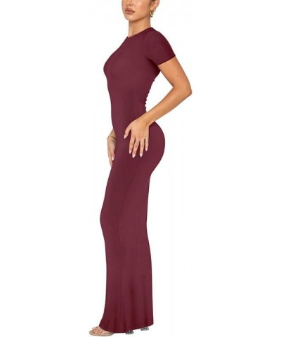 Womens Y2k Short Sleeve Lounge Long Dress Elegant Slim fit Crew Neck Bodycon Maxi Dress Streetwear B- Wine Red $13.33 Dresses