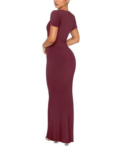 Womens Y2k Short Sleeve Lounge Long Dress Elegant Slim fit Crew Neck Bodycon Maxi Dress Streetwear B- Wine Red $13.33 Dresses