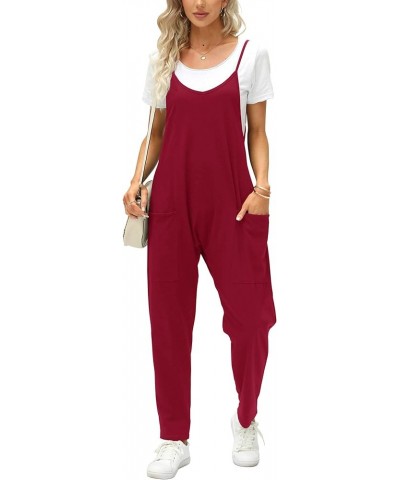 Women's Summer Sleeveless Loose Casual V Neck Jumpsuits Spaghetti Strap Long Pants Baggy Overalls with Pockets Wine Red $15.9...