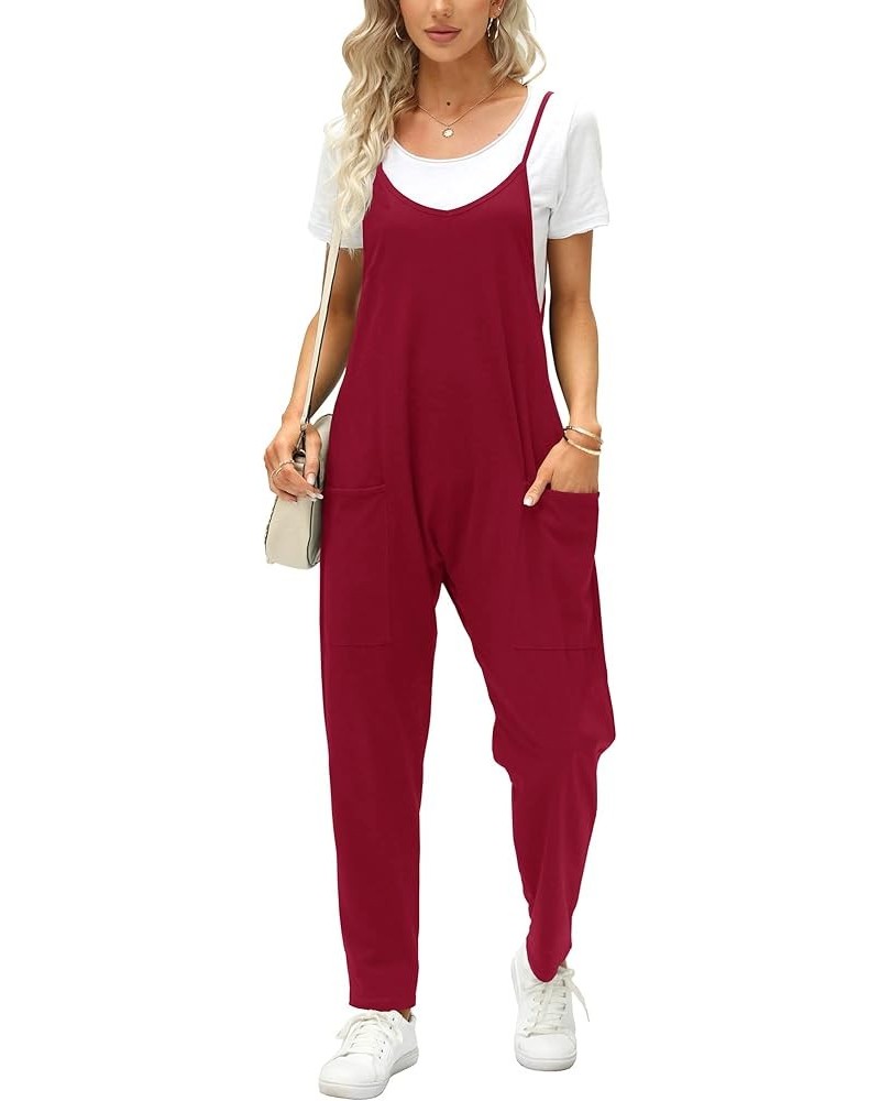 Women's Summer Sleeveless Loose Casual V Neck Jumpsuits Spaghetti Strap Long Pants Baggy Overalls with Pockets Wine Red $15.9...