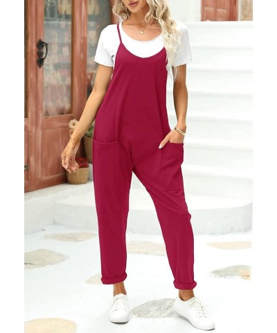 Women's Summer Sleeveless Loose Casual V Neck Jumpsuits Spaghetti Strap Long Pants Baggy Overalls with Pockets Wine Red $15.9...