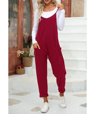 Women's Summer Sleeveless Loose Casual V Neck Jumpsuits Spaghetti Strap Long Pants Baggy Overalls with Pockets Wine Red $15.9...