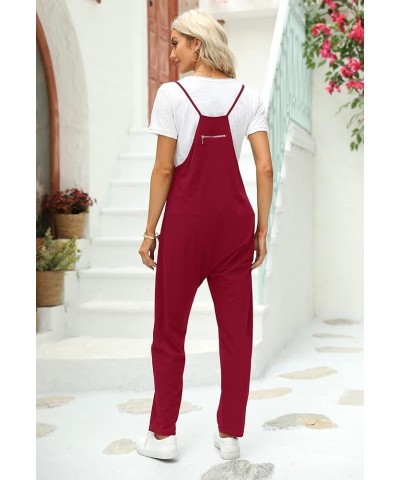 Women's Summer Sleeveless Loose Casual V Neck Jumpsuits Spaghetti Strap Long Pants Baggy Overalls with Pockets Wine Red $15.9...