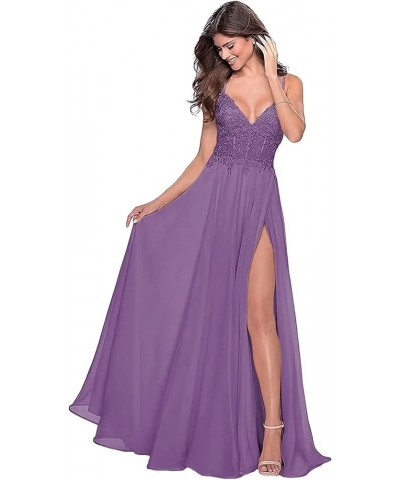 Women's Lace Appliques Prom Dresses Long V Neck Slit Evening Dress Spaghetti Straps Formal Party Gowns Dusty Purple $39.95 Dr...