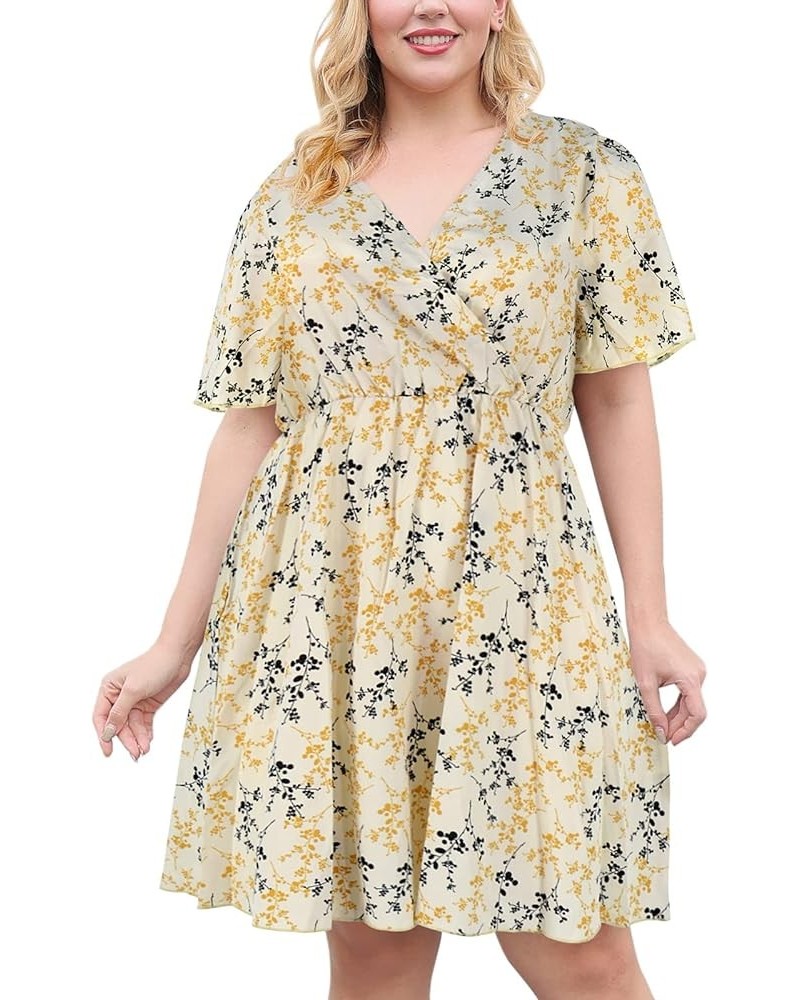 Womens Casual V-Neck Plus Size Summer Boho Swing Wrap Dress with Pockets NEM266 Yellow Print $20.51 Dresses