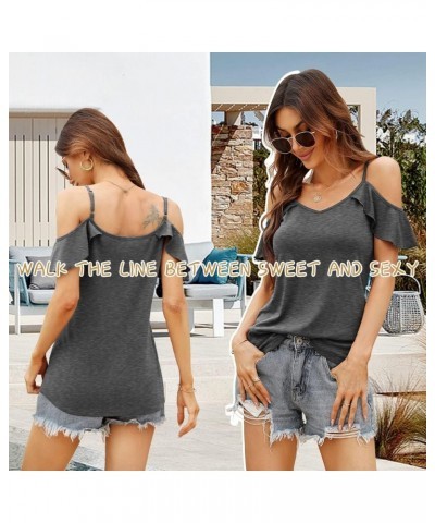 Women Summer Cold Shoulder Tops Loose V Neck Short Sleeve Blouses Sexy Casual Ruffle Sleeves Tunic Shirts S-XXL A-gray $13.50...