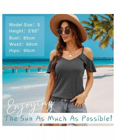 Women Summer Cold Shoulder Tops Loose V Neck Short Sleeve Blouses Sexy Casual Ruffle Sleeves Tunic Shirts S-XXL A-gray $13.50...