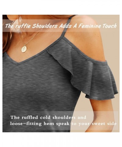 Women Summer Cold Shoulder Tops Loose V Neck Short Sleeve Blouses Sexy Casual Ruffle Sleeves Tunic Shirts S-XXL A-gray $13.50...