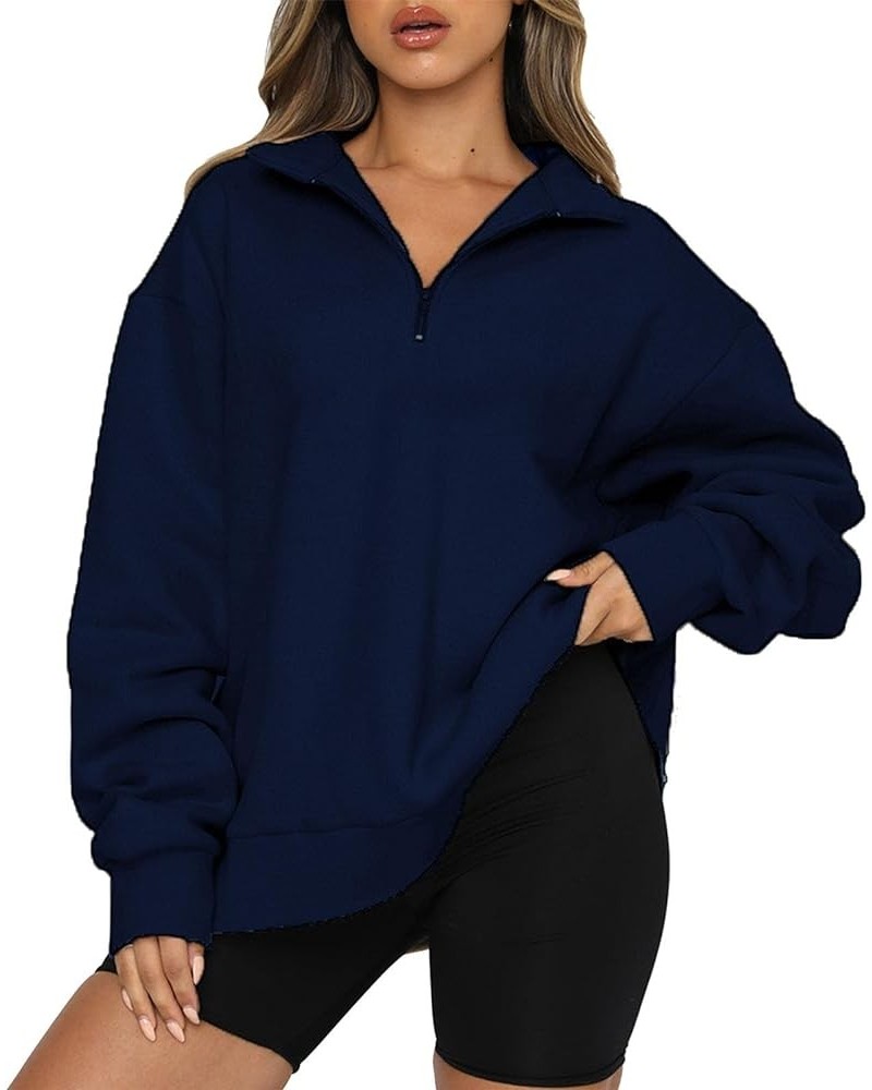 Womens Waffle Sweatshirts Half Zip Cropped Pullover Fleece Quarter Zipper Hoodies Fall outfits Clothes Hoodies Tops 3-dark Bl...