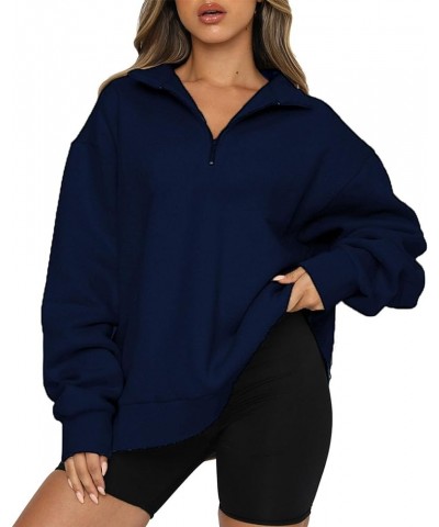 Womens Waffle Sweatshirts Half Zip Cropped Pullover Fleece Quarter Zipper Hoodies Fall outfits Clothes Hoodies Tops 3-dark Bl...