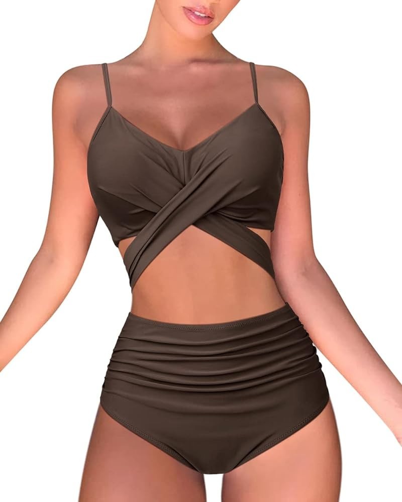 Women's High Waisted Bandage Bikini Set Wrap Two Piece Push Up Swimsuits 4087-brown $14.88 Swimsuits