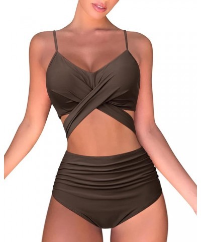 Women's High Waisted Bandage Bikini Set Wrap Two Piece Push Up Swimsuits 4087-brown $14.88 Swimsuits