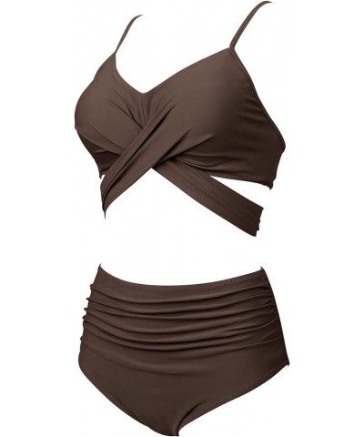 Women's High Waisted Bandage Bikini Set Wrap Two Piece Push Up Swimsuits 4087-brown $14.88 Swimsuits