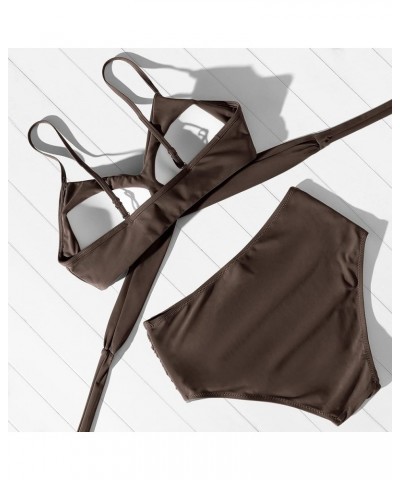 Women's High Waisted Bandage Bikini Set Wrap Two Piece Push Up Swimsuits 4087-brown $14.88 Swimsuits