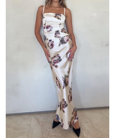 Women Sexy Bodycon Cami Long Dress Summer Spaghetti Strap Backless Floral Dress Cocktail Party Club Long Dresses I-white $10....