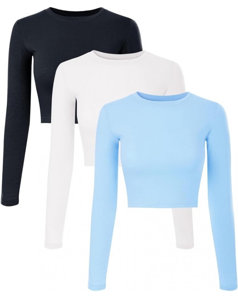 Women's Solid Long Sleeve Round Neck Crop T Shirt Top 3pack - Black/White/Ltblue $10.59 T-Shirts