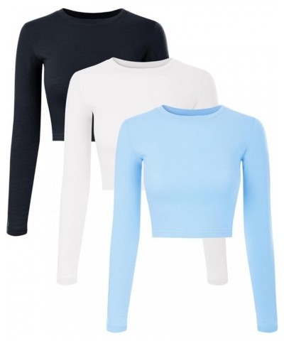 Women's Solid Long Sleeve Round Neck Crop T Shirt Top 3pack - Black/White/Ltblue $10.59 T-Shirts