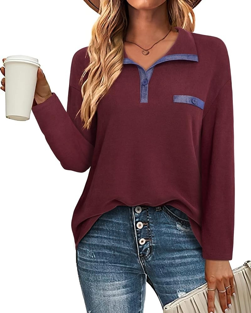 Women's Long Sleeve Button Collar Sweatshirts Casual Loose Patchwork Pullover Sweatshirts Dark Red $11.50 Shirts