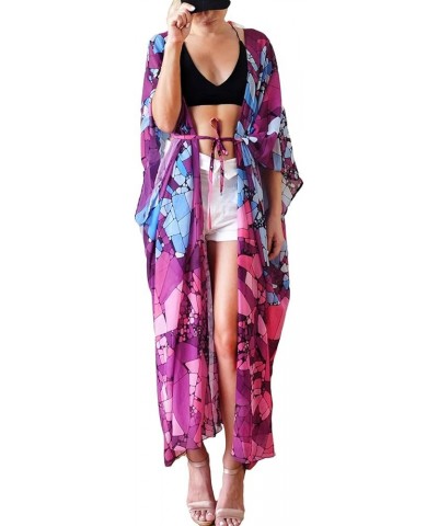 Print Beach Kimono Cardigans for Women Open Front Swimsuit Cover Up Rose $18.35 Swimsuits