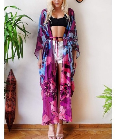 Print Beach Kimono Cardigans for Women Open Front Swimsuit Cover Up Rose $18.35 Swimsuits