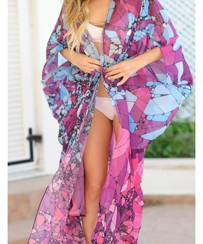 Print Beach Kimono Cardigans for Women Open Front Swimsuit Cover Up Rose $18.35 Swimsuits