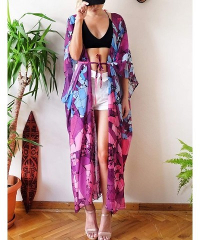 Print Beach Kimono Cardigans for Women Open Front Swimsuit Cover Up Rose $18.35 Swimsuits