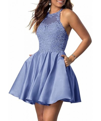 Women's Short Homecoming Dresses Halter Applique Beaded Sleeveless Party Dresses for Juniors with Pockets Dusty Blue $33.14 D...