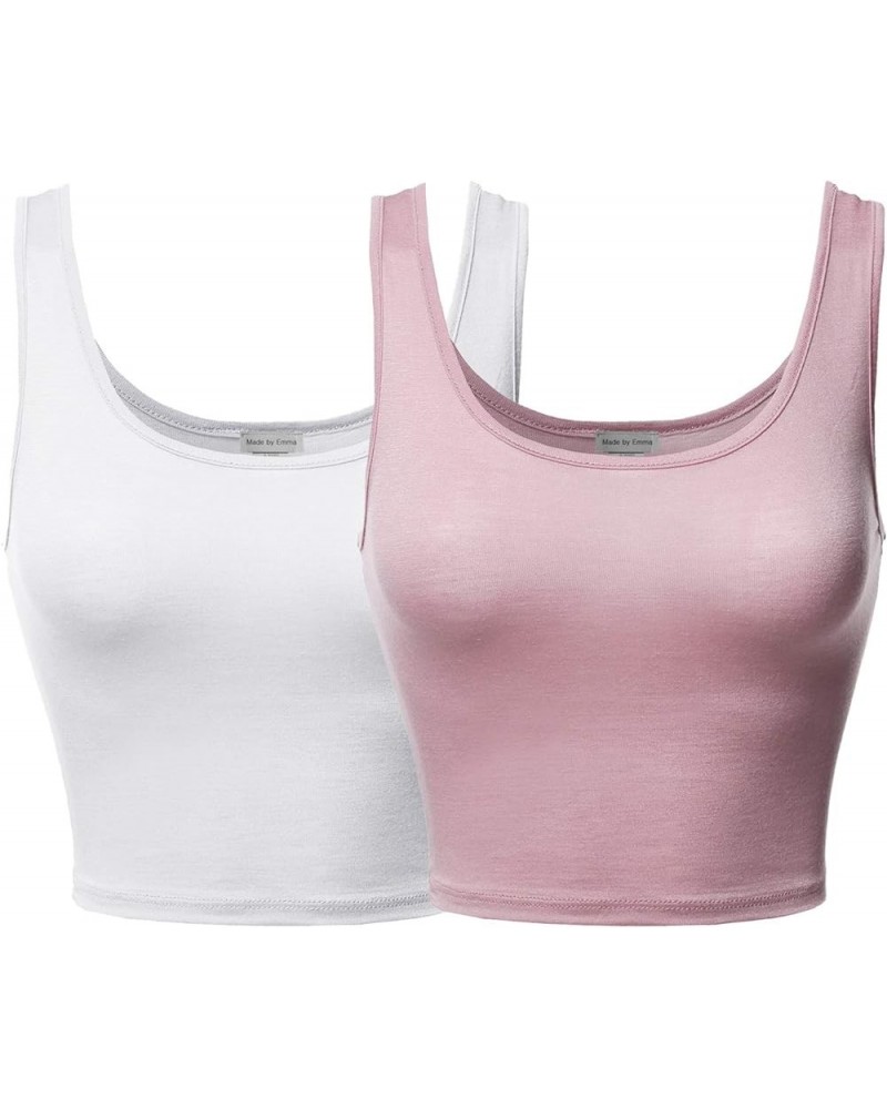 Women's Junior Sized Basic Solid Sleeveless Crop Tank Top Fewtkv0010 White/Dustypink $11.79 Tanks