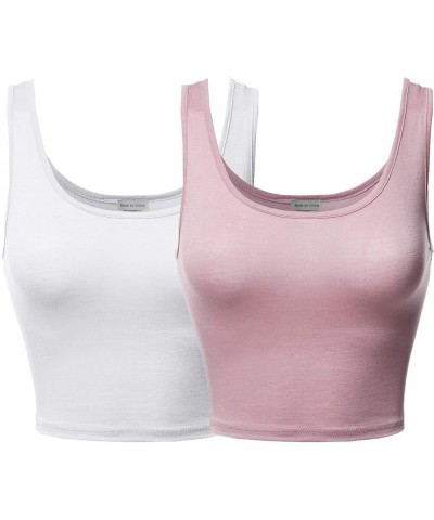 Women's Junior Sized Basic Solid Sleeveless Crop Tank Top Fewtkv0010 White/Dustypink $11.79 Tanks