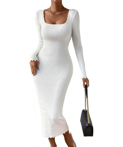 Women's Square Neck Long Sleeve Lettuce Trim Slim Pencil Bodycon Long Sweater Dress White $22.56 Sweaters