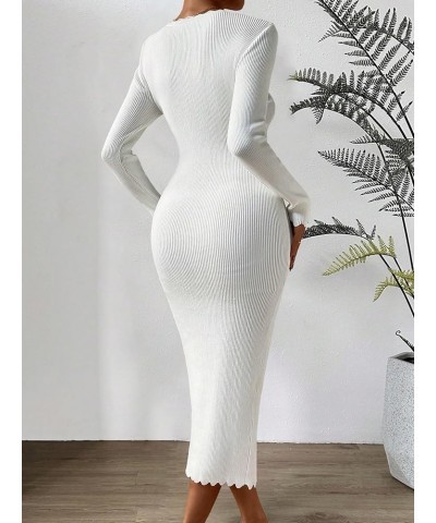 Women's Square Neck Long Sleeve Lettuce Trim Slim Pencil Bodycon Long Sweater Dress White $22.56 Sweaters