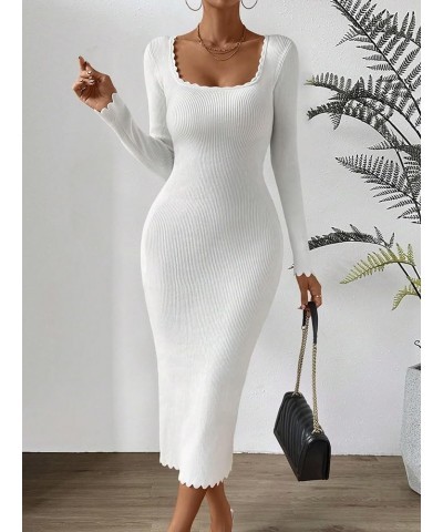 Women's Square Neck Long Sleeve Lettuce Trim Slim Pencil Bodycon Long Sweater Dress White $22.56 Sweaters