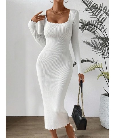 Women's Square Neck Long Sleeve Lettuce Trim Slim Pencil Bodycon Long Sweater Dress White $22.56 Sweaters