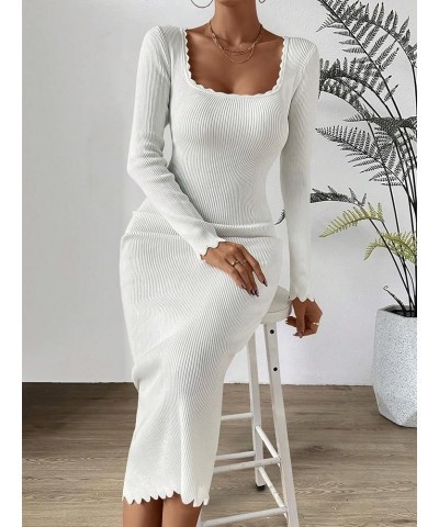 Women's Square Neck Long Sleeve Lettuce Trim Slim Pencil Bodycon Long Sweater Dress White $22.56 Sweaters