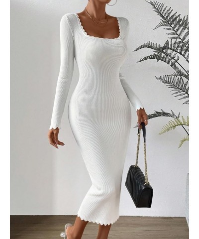 Women's Square Neck Long Sleeve Lettuce Trim Slim Pencil Bodycon Long Sweater Dress White $22.56 Sweaters