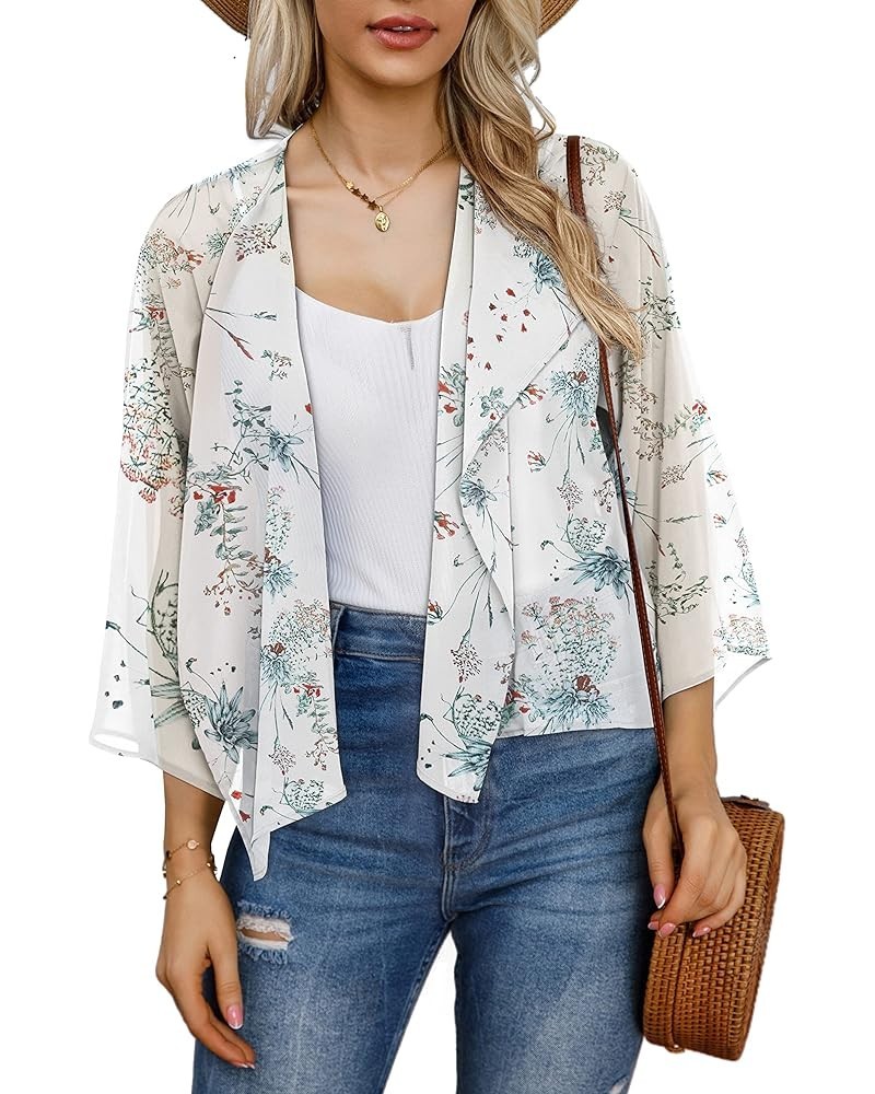 Womens Summer Tops Short Shrugs Kimono Cardigans Casual Chiffon Bolero Jackets Ink Floral on White $10.25 Sweaters