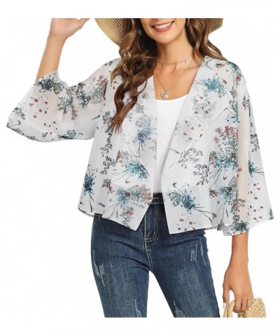 Womens Summer Tops Short Shrugs Kimono Cardigans Casual Chiffon Bolero Jackets Ink Floral on White $10.25 Sweaters