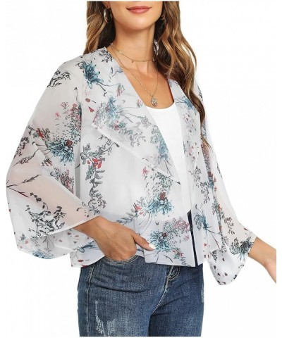 Womens Summer Tops Short Shrugs Kimono Cardigans Casual Chiffon Bolero Jackets Ink Floral on White $10.25 Sweaters