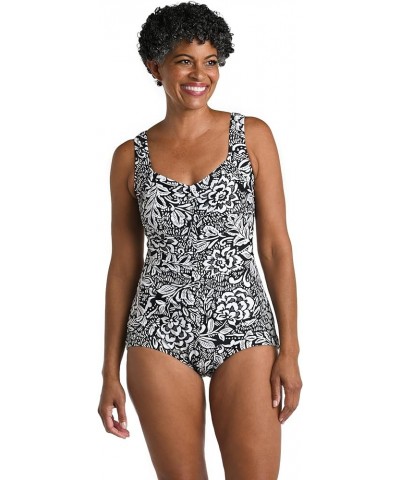 Women's Shirred Front Girl Leg One Piece Swimsuit Black//Tahitian Tribe Floral $24.84 Swimsuits