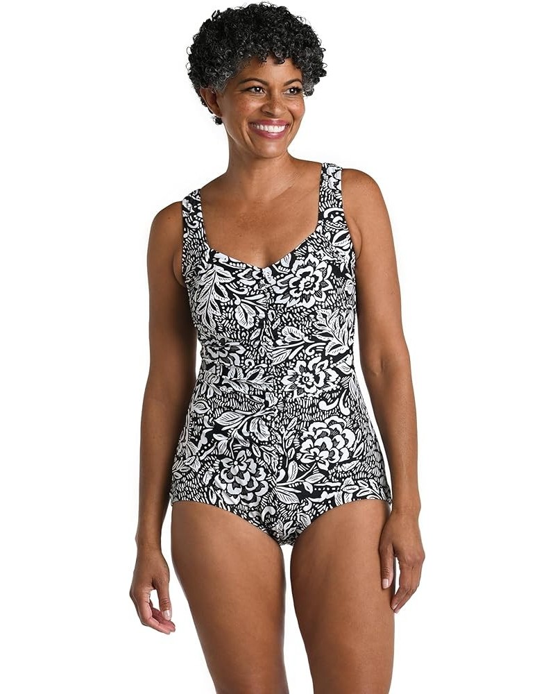 Women's Shirred Front Girl Leg One Piece Swimsuit Black//Tahitian Tribe Floral $24.84 Swimsuits