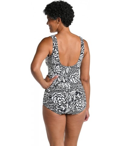 Women's Shirred Front Girl Leg One Piece Swimsuit Black//Tahitian Tribe Floral $24.84 Swimsuits