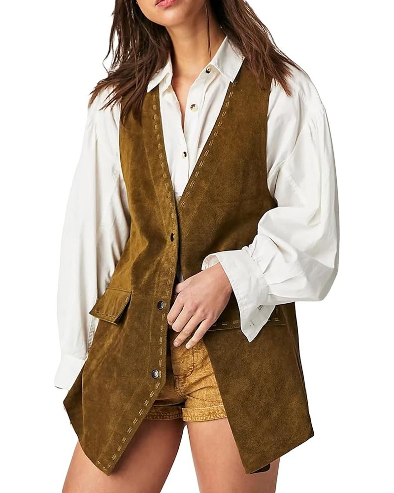 Womens Casual Waistcoat Vest Suede V Neck Sleeveless Button Down Loose Long Outwear Streetwear Greenish Brown $13.67 Vests