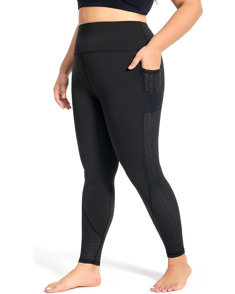 Plus Size Capri Leggings for Women with Pockets L-5X Workout Leggings Black Mesh Yoga Pants High Waisted Tummy Control Black ...