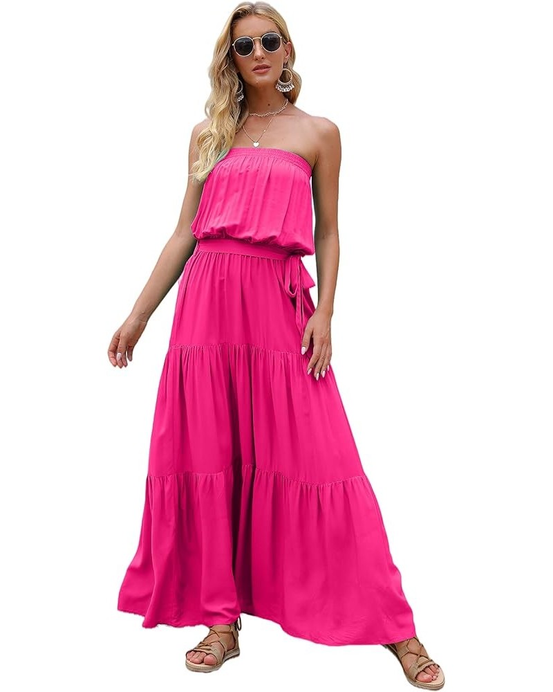 Women's Strapless Maxi Dress Floral Off Shoulder Tube Top Casual Beach Party Long Dress Hot Pink $14.49 Dresses