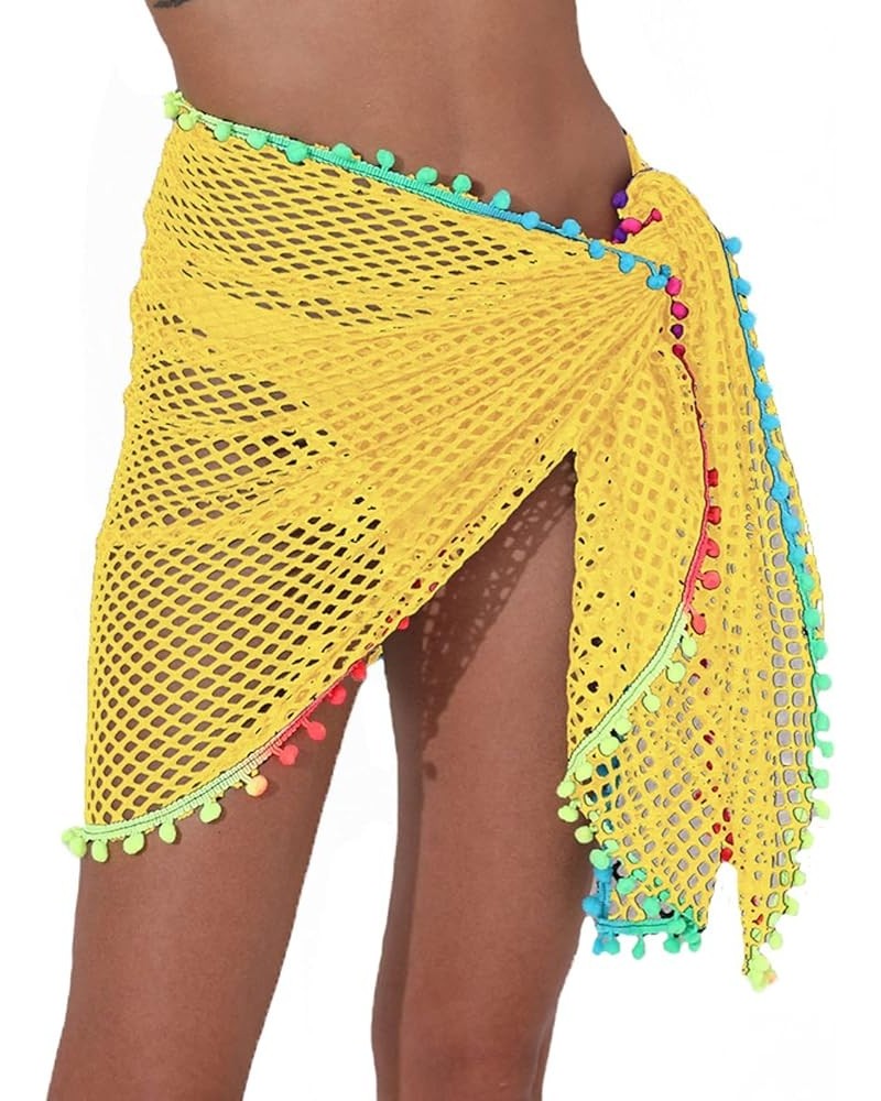 Women's Sarongs Beach Wrap Crochet Cover Up Skirt Tassel Knit Mini Beach Cover Up Yellow $10.59 Swimsuits